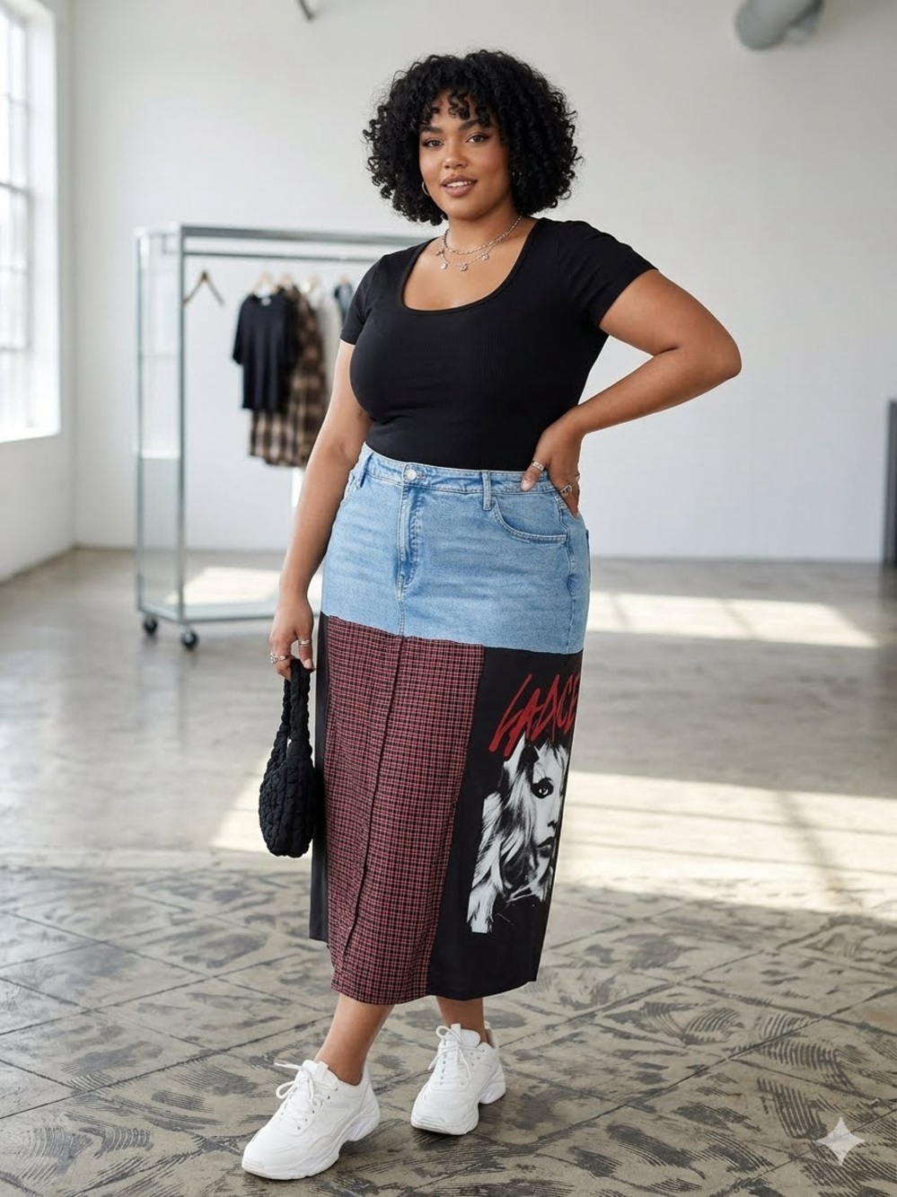 Upcycled Lady Gaga Patchwork Midi Skirt in Light Denim, Black and Red